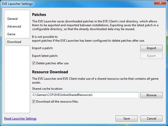 Eve Online Launcher Settings