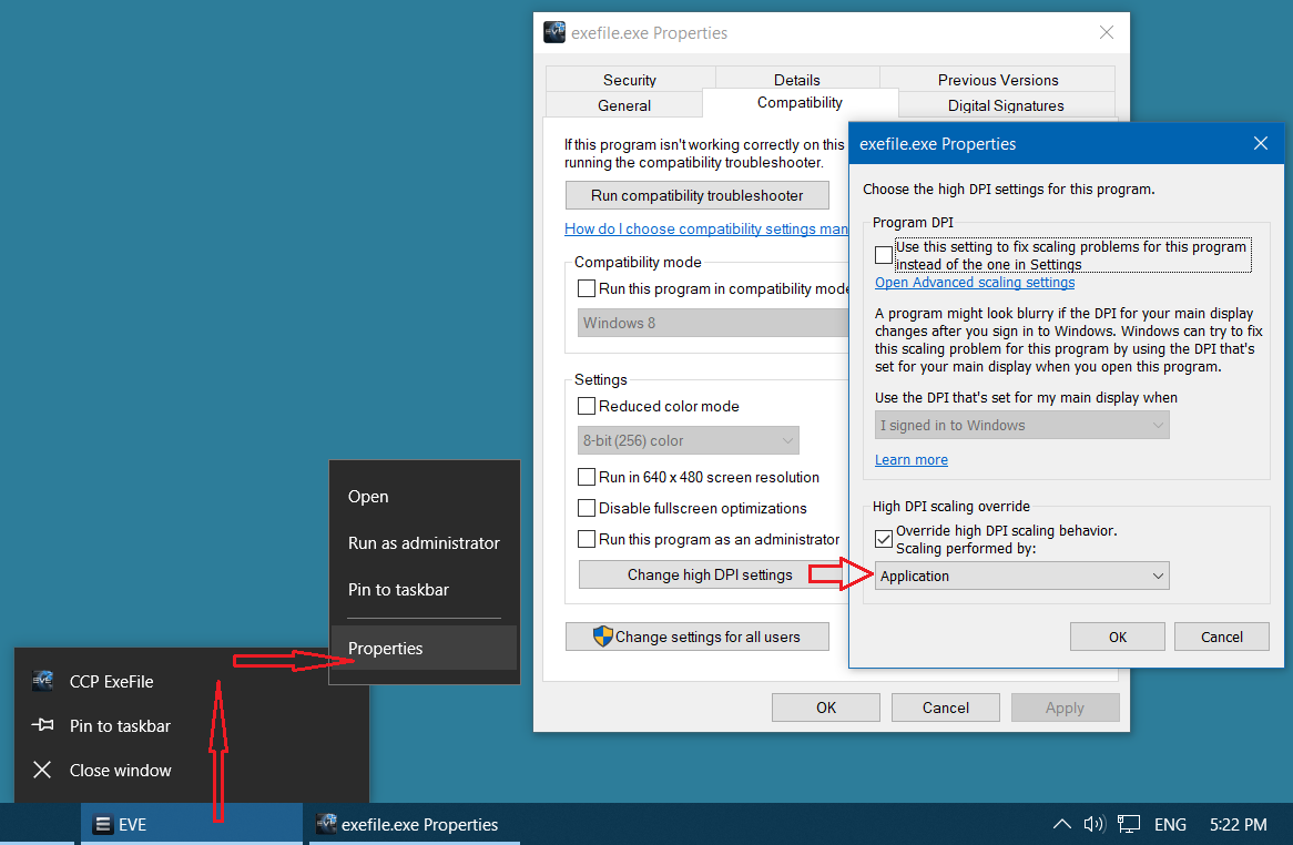 High DPI Scaling Override Settings for Eve Online