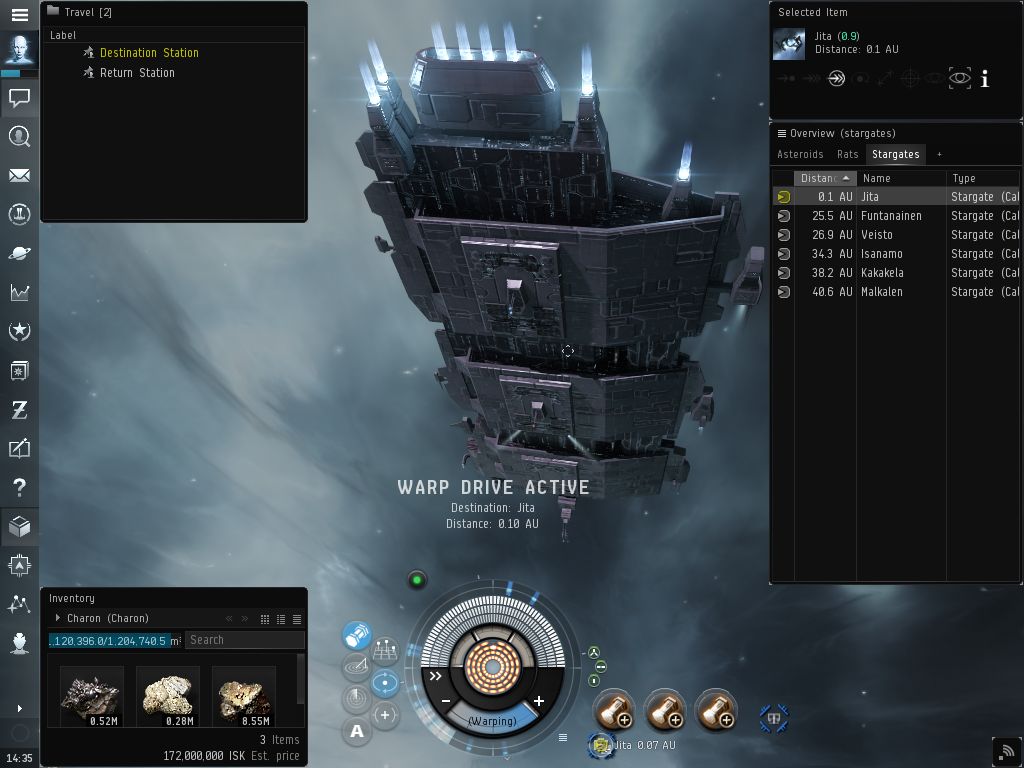 TinyMiner Warp to Zero Hauler transporting goods to a destination station - Click to view at Full Size!